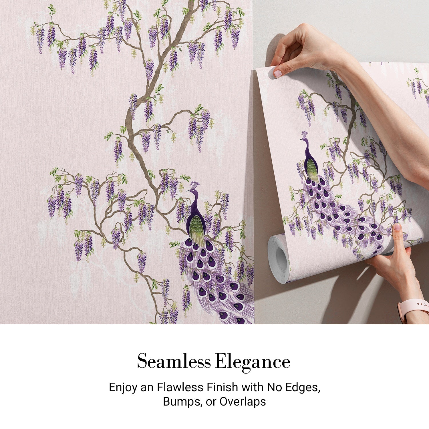 Elegant chinoiserie with purple peacocks and cascading wisteria branches on blush pink background - view 3 - final