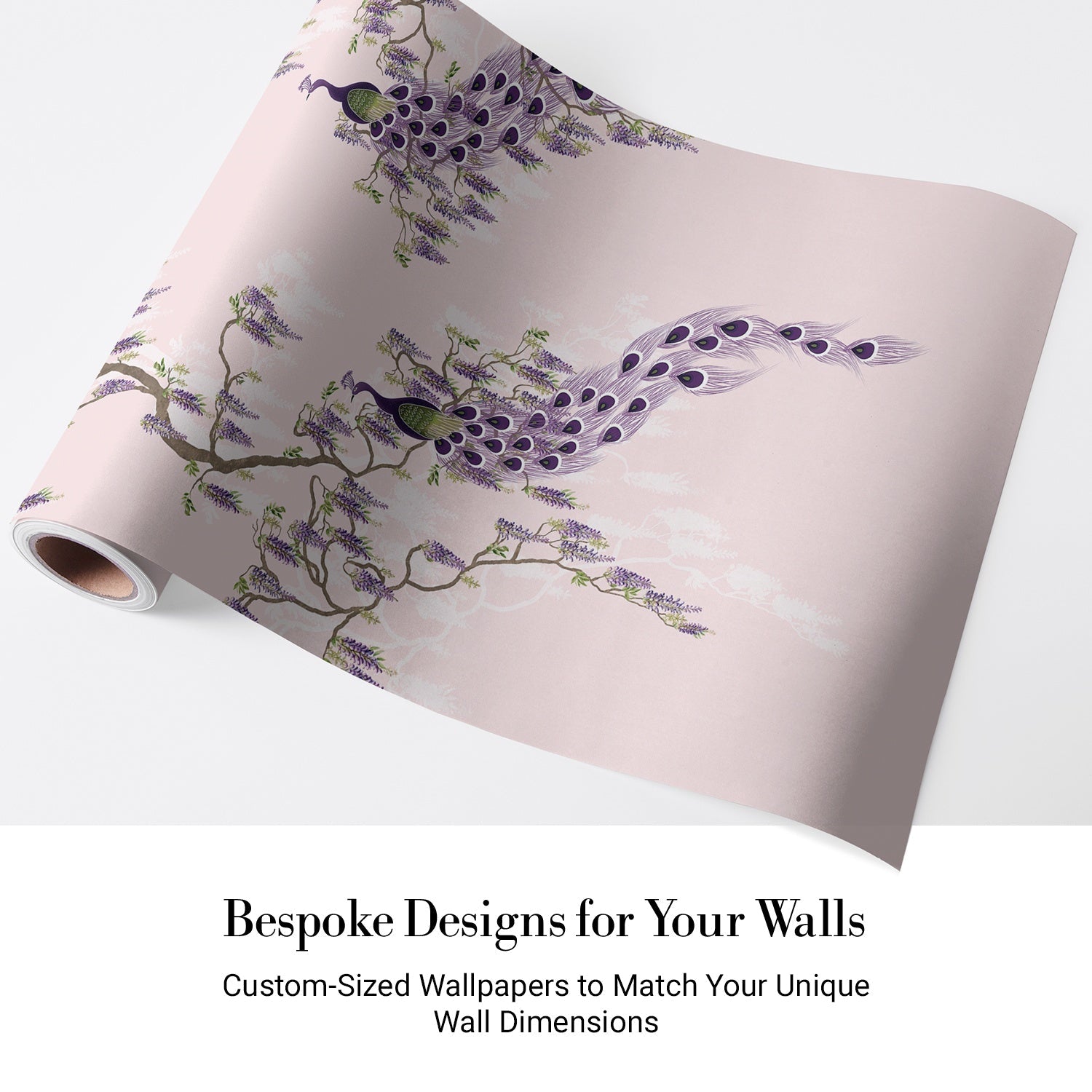 Elegant chinoiserie with purple peacocks and cascading wisteria branches on blush pink background - view 4 - final
