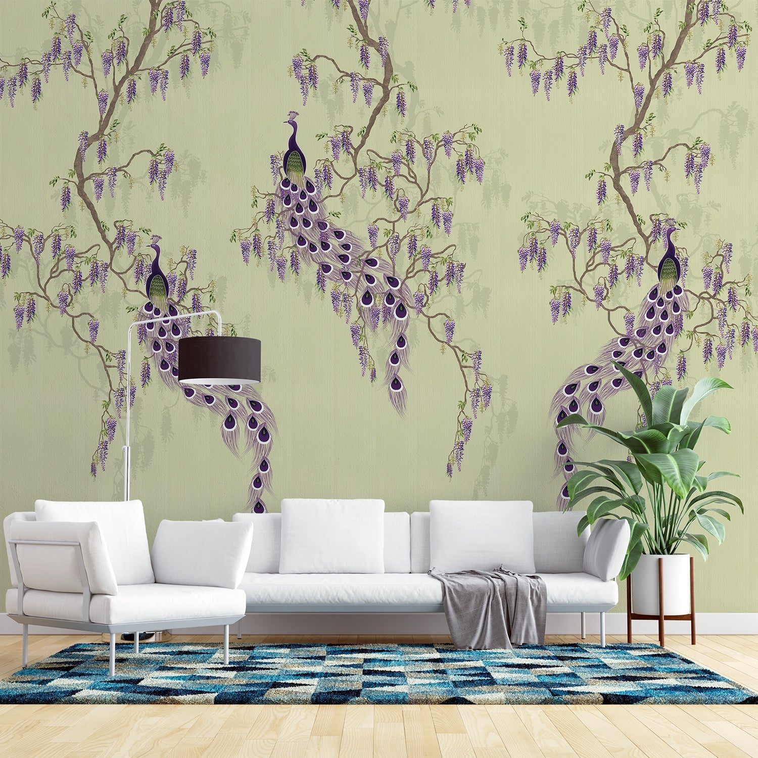 Elegant chinoiserie with purple peacocks and cascading wisteria branches on blush pink background - view 7 - final