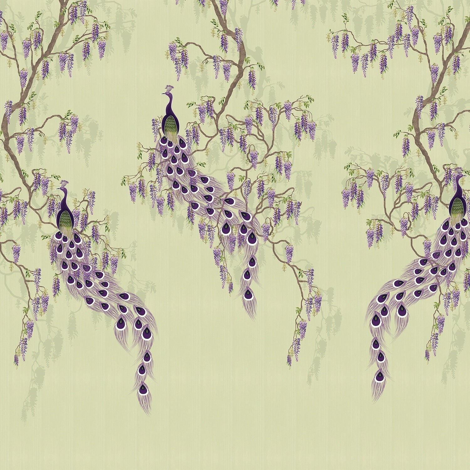 Elegant chinoiserie with purple peacocks and cascading wisteria branches on blush pink background - view 8 - final