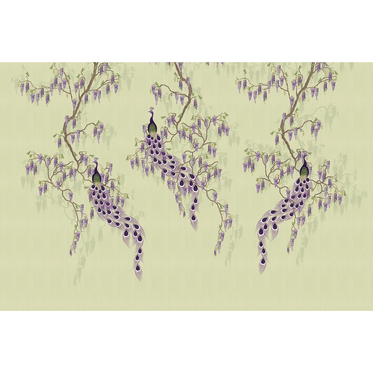 Elegant chinoiserie with purple peacocks and cascading wisteria branches on blush pink background - view 9 - mural-equal - final
