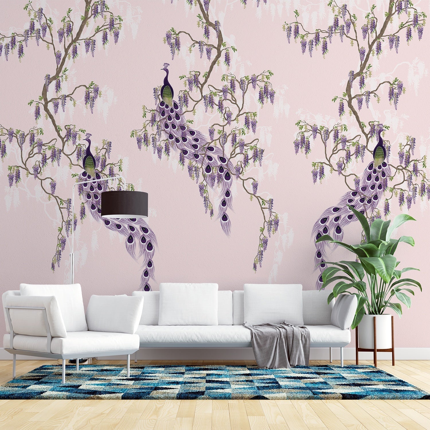 Elegant chinoiserie with purple peacocks and cascading wisteria branches on blush pink background - final living-room