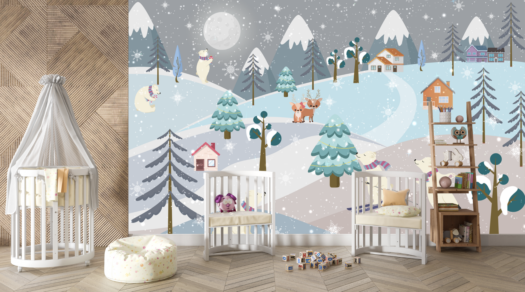 Room mockup showcasing Frosty Funland Winter Wonderland Wallpaper with snowy landscapes, frosted trees, and whimsical winter charm.