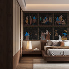 Classical Mediterranean frieze depicting mythological scenes in brown and blue on dark background - view 8 - final