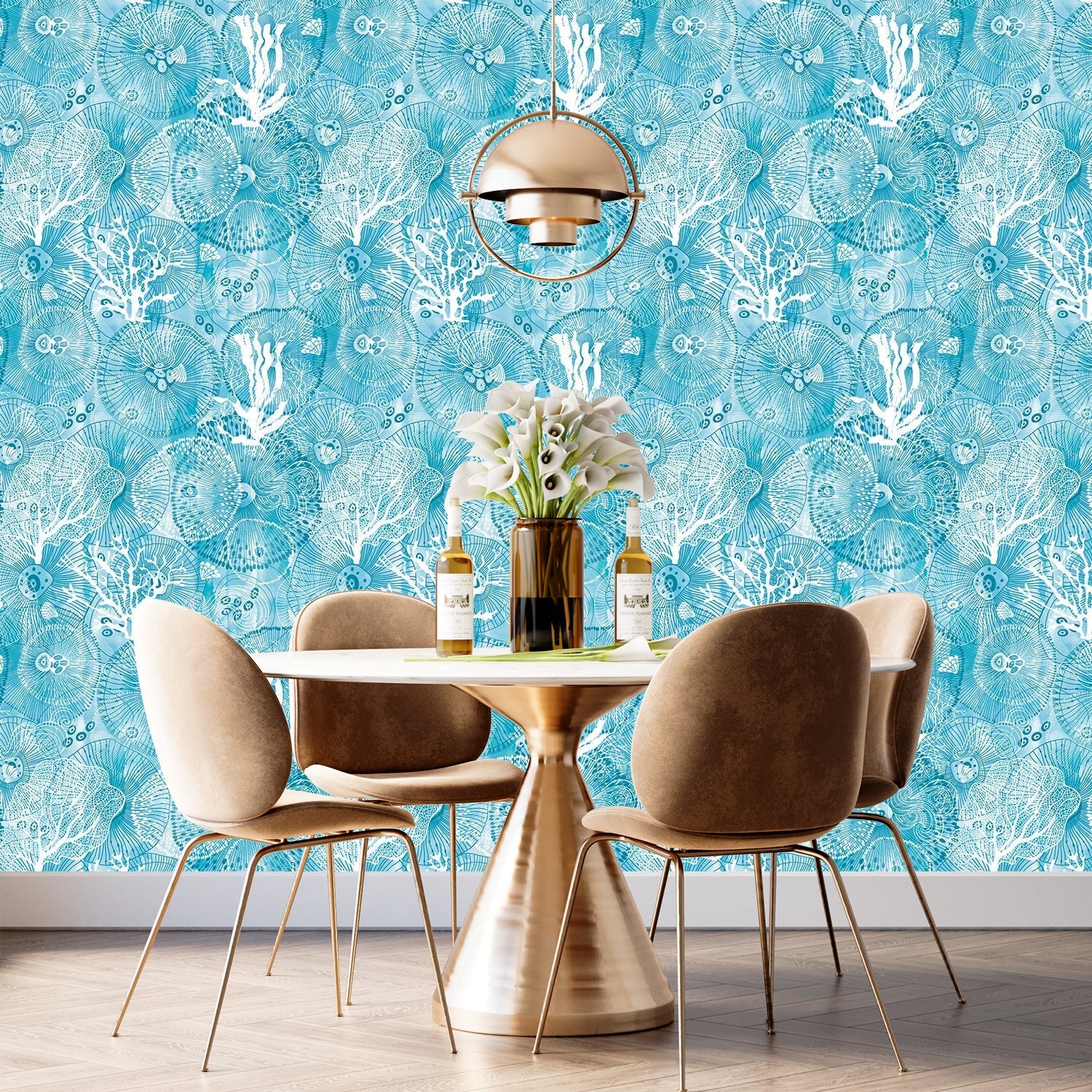 Turquoise blue damask pattern with white coral branches and delicate marine botanical motifs - final dining-room