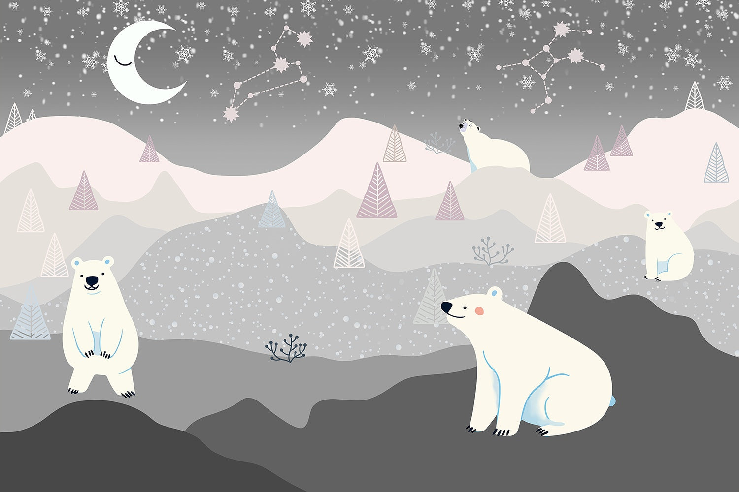 "Starlit polar bear on lea background - kids wallpaper mural-inequal final"
