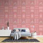 Traditional Asian temple and tree symbols in terracotta and sage green geometric grid - view 10 - final