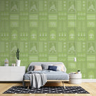 Traditional Asian temple and tree symbols in terracotta and sage green geometric grid - view 18 - final
