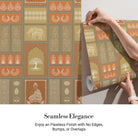 Traditional Asian temple and tree symbols in terracotta and sage green geometric grid - view 3 - final