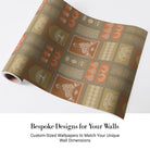Traditional Asian temple and tree symbols in terracotta and sage green geometric grid - view 4 - final