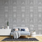 Traditional Asian temple and tree symbols in terracotta and sage green geometric grid - view 6 - final