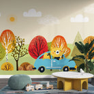 Cartoon bear driving blue car through colorful autumn forest landscape with whimsical trees - view 5 - final