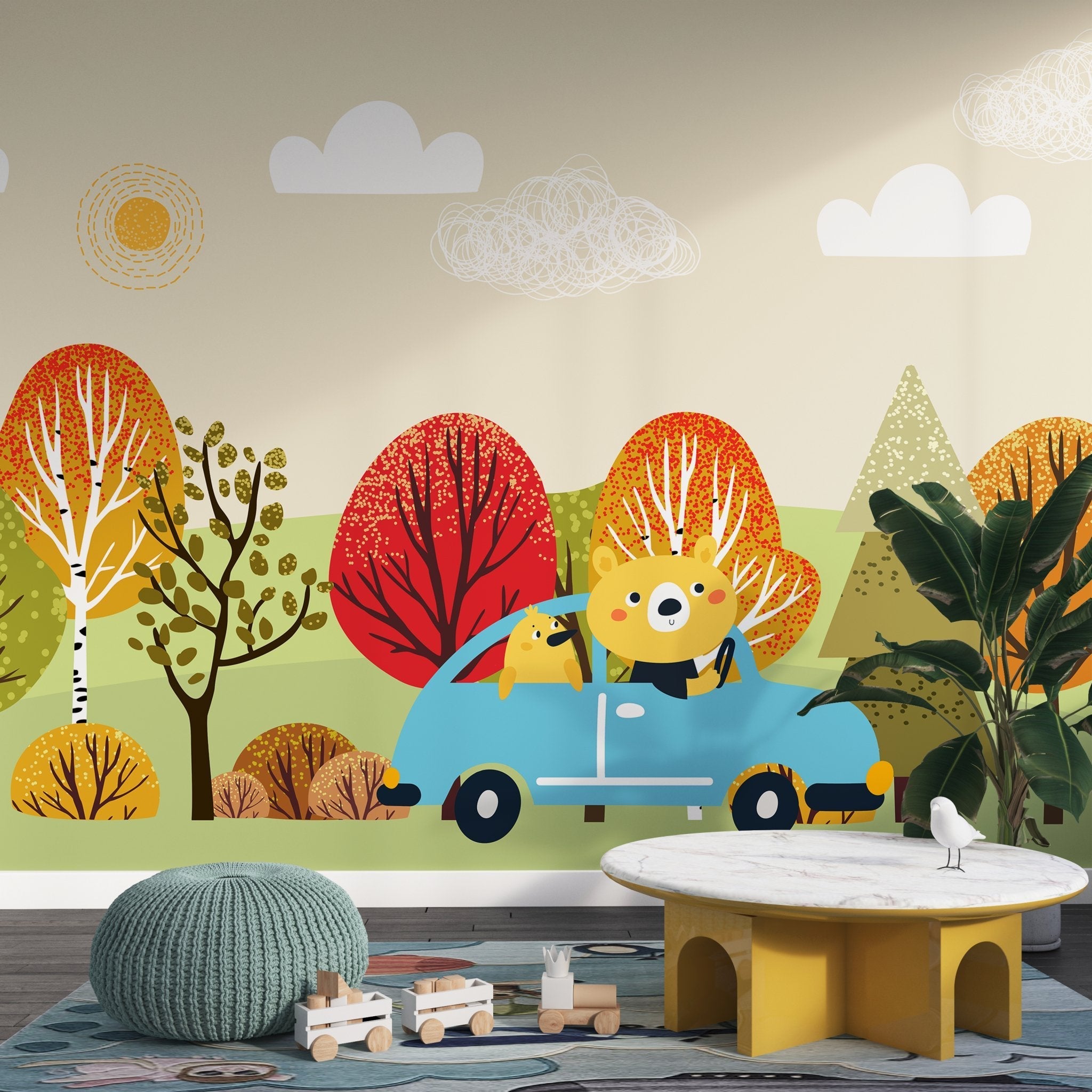 Cartoon bear driving blue car through colorful autumn forest landscape with whimsical trees - view 5 - final