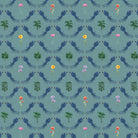 Repeating blue bird wreaths with colorful flowers on dusty blue background in damask style - view 11 - final
