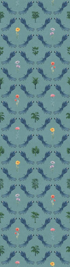 Repeating blue bird wreaths with colorful flowers on dusty blue background in damask style - view 15 - repeat-small - final