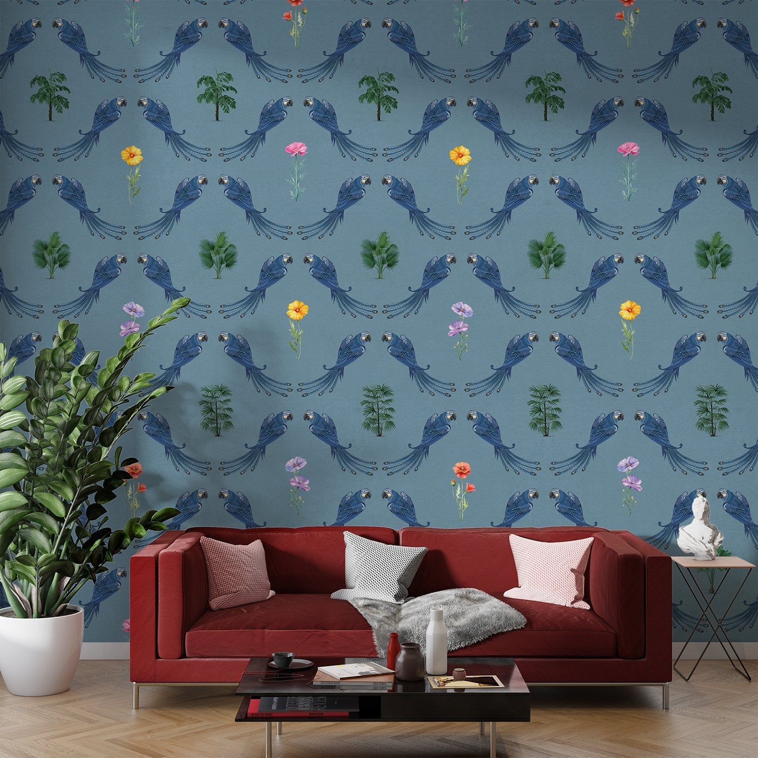 Repeating blue bird wreaths with colorful flowers on dusty blue background in damask style - view 2 - final living-room
