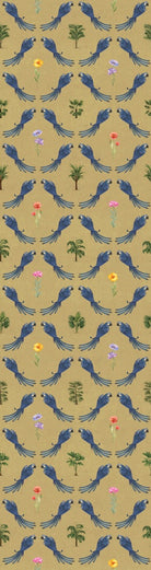Repeating blue bird wreaths with colorful flowers on dusty blue background in damask style - view 28 - repeat-small - final