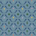Repeating blue bird wreaths with colorful flowers on dusty blue background in damask style - view 3 - final