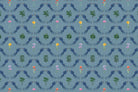 Repeating blue bird wreaths with colorful flowers on dusty blue background in damask style - view 7 - final