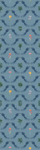 Repeating blue bird wreaths with colorful flowers on dusty blue background in damask style - view 8 - repeat-original - final