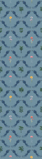 Repeating blue bird wreaths with colorful flowers on dusty blue background in damask style - view 9 - repeat-small - final
