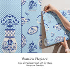 Classic blue and white porcelain pattern with vases and chandeliers on light background - view 3 - final