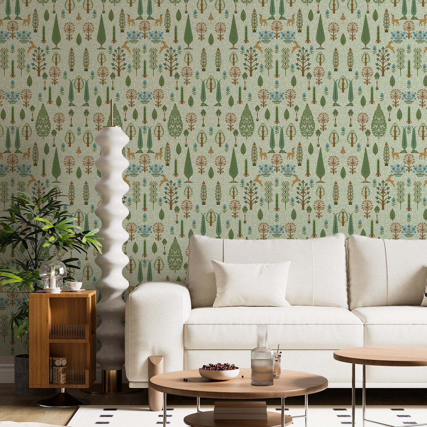 Whimsical forest pattern with stylized cypress trees and folk art floral elements - view 14 - final