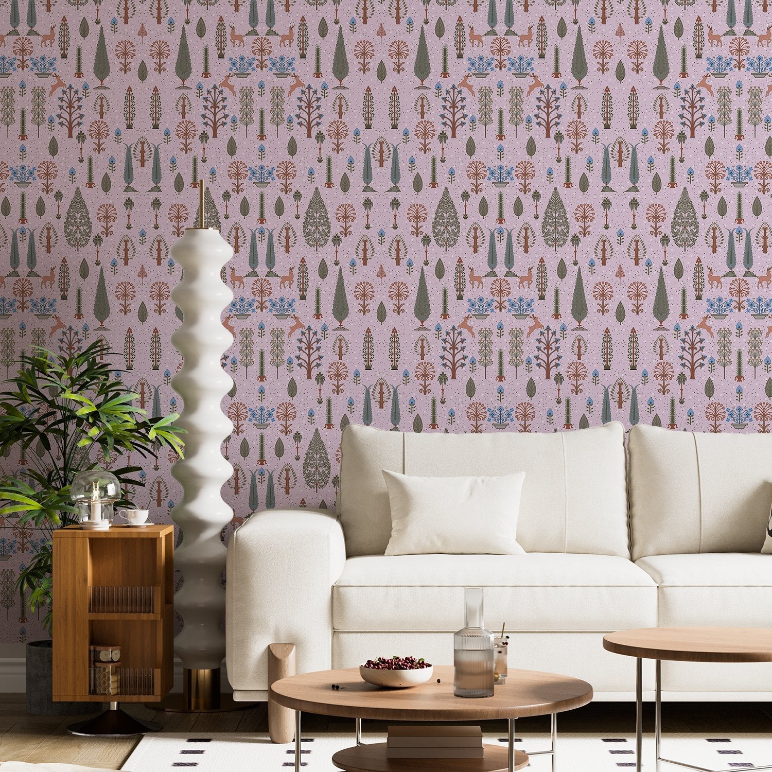 Whimsical forest pattern with stylized cypress trees and folk art floral elements - view 19 - final