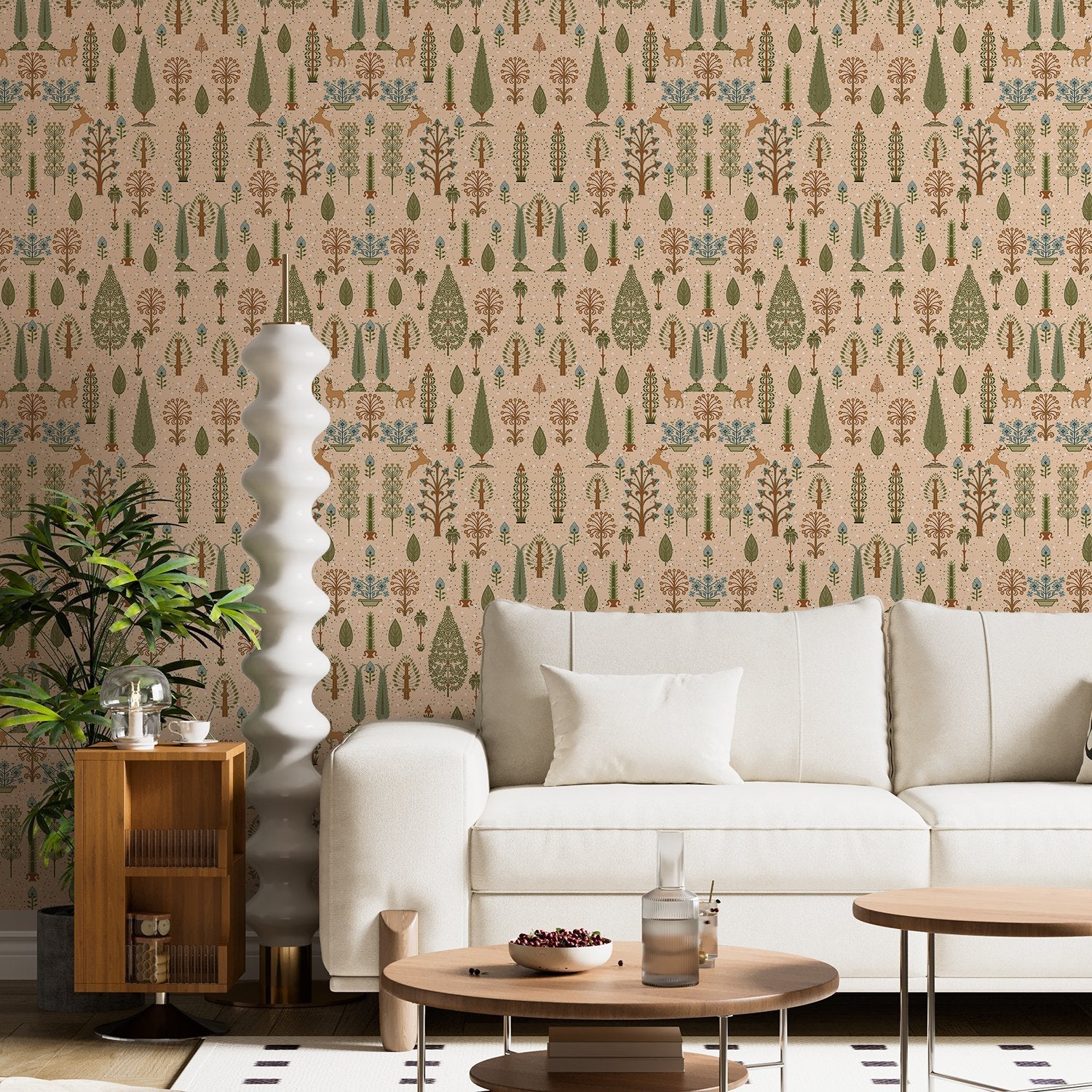 Whimsical forest pattern with stylized cypress trees and folk art floral elements - view 24 - final