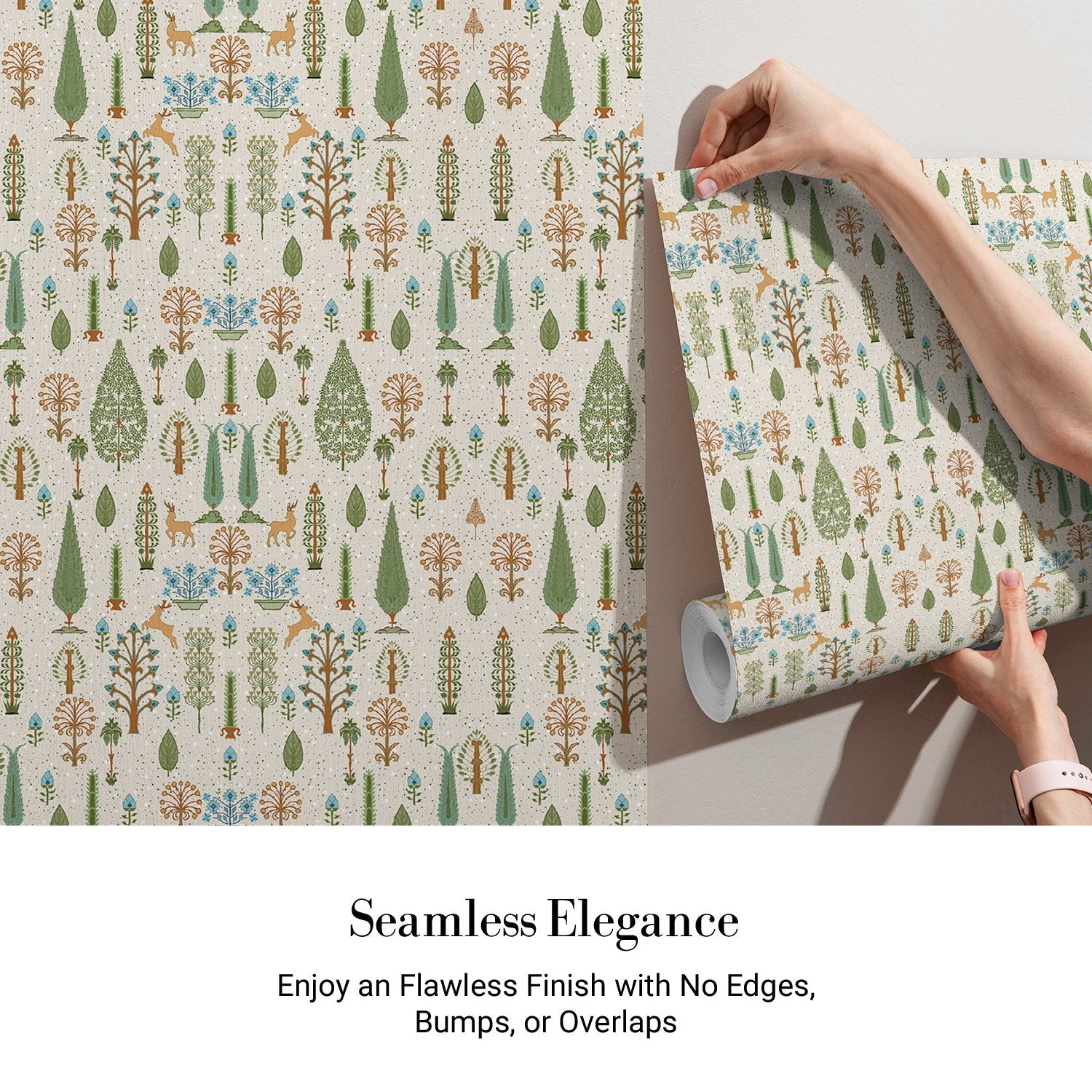 Whimsical forest pattern with stylized cypress trees and folk art floral elements - view 3 - final