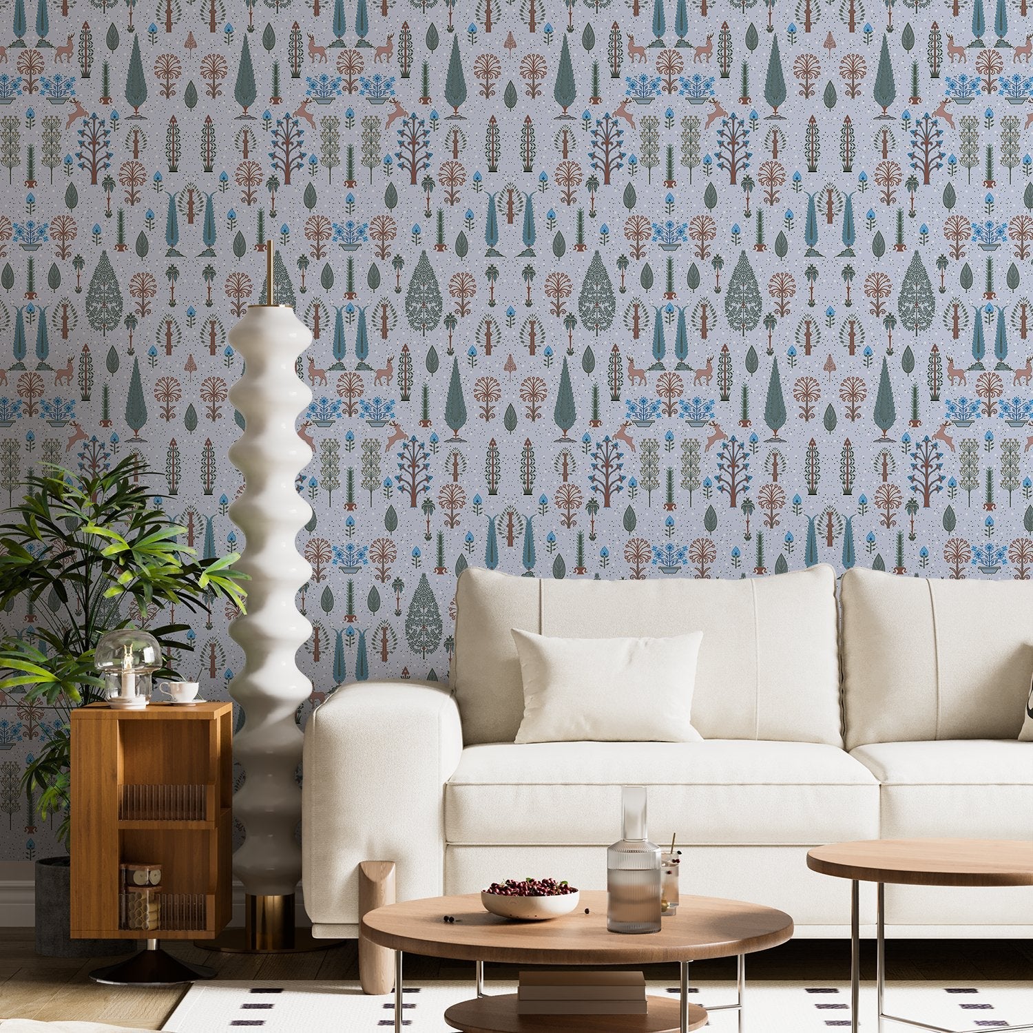 Whimsical forest pattern with stylized cypress trees and folk art floral elements - view 9 - final