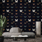 Butterflies in various colors arranged on black background with geometric circuit board lines - view 13 - final