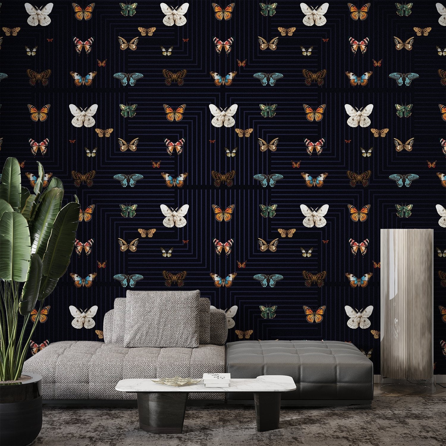 Butterflies in various colors arranged on black background with geometric circuit board lines - view 13 - final