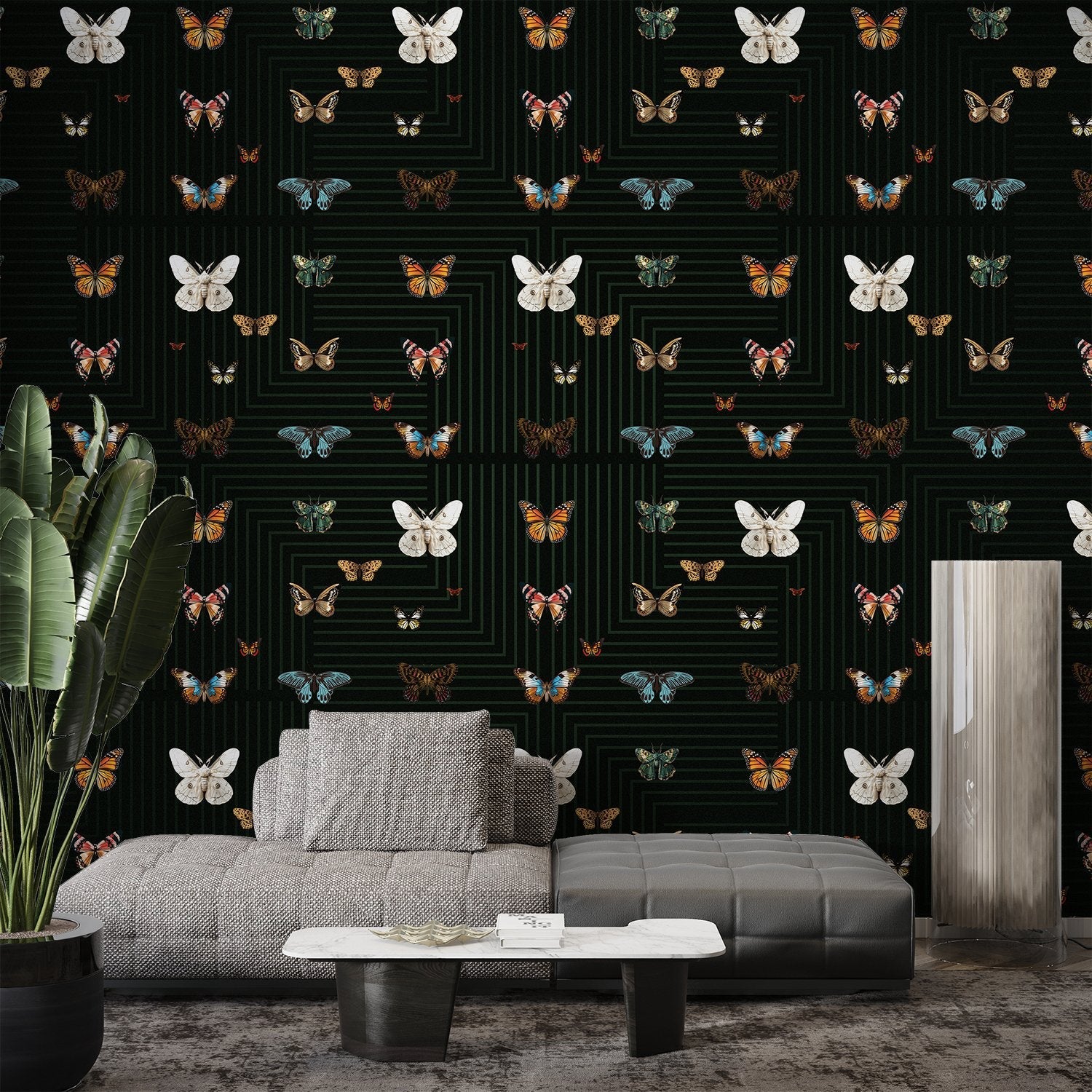 Butterflies in various colors arranged on black background with geometric circuit board lines - view 18 - final