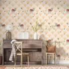 Repeating camels with saddles on scalloped beige background with scattered desert plants - view 13 - final