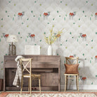 Repeating camels with saddles on scalloped beige background with scattered desert plants - final hobby-room