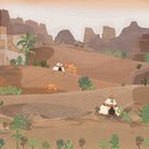 Artistic desert landscape with camels and tents in muted earth tones and palm trees - view 2 - final