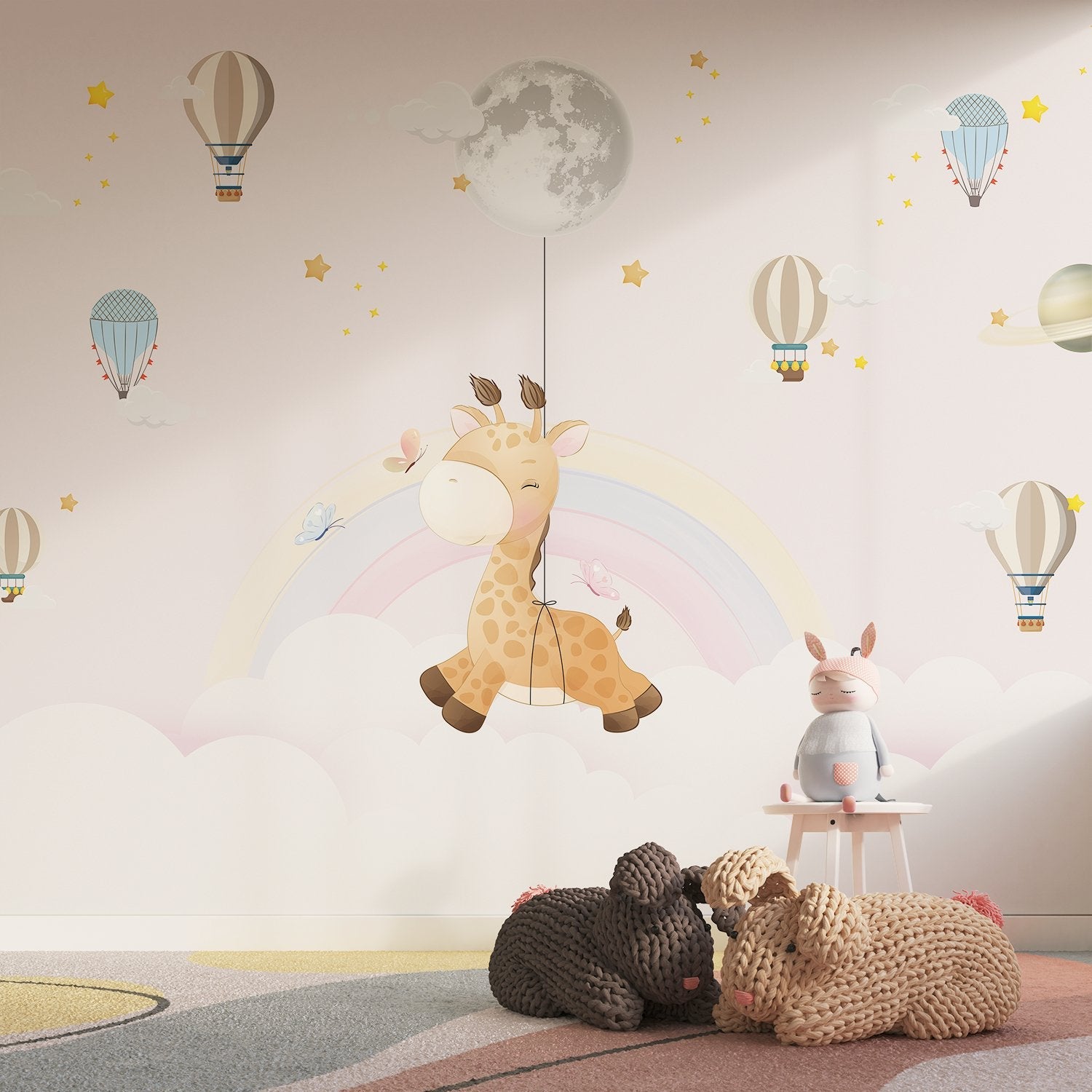 Whimsical giraffe swinging from moon with hot air balloons and pastel rainbow background - view 11 - final