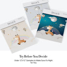Whimsical giraffe swinging from moon with hot air balloons and pastel rainbow background - view 19 - final all-groups samples