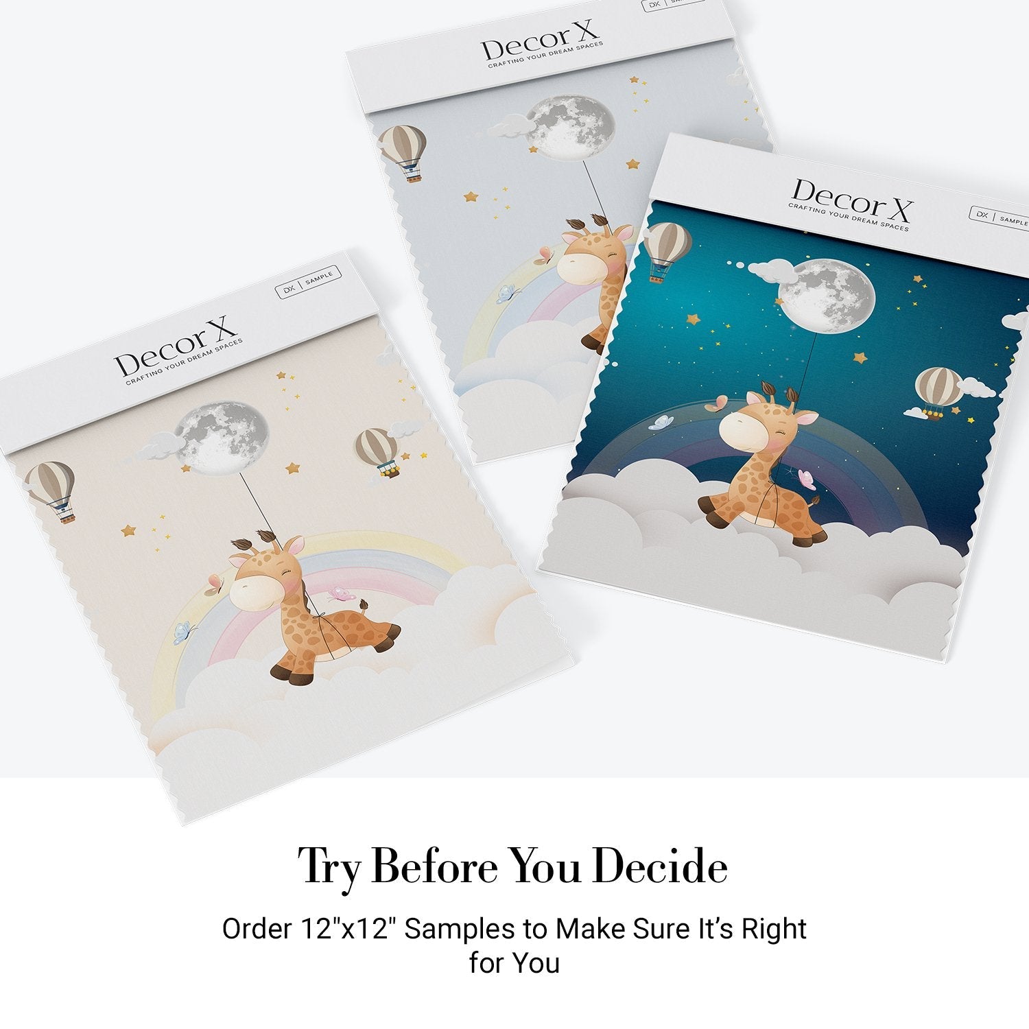 Whimsical giraffe swinging from moon with hot air balloons and pastel rainbow background - view 19 - final all-groups samples