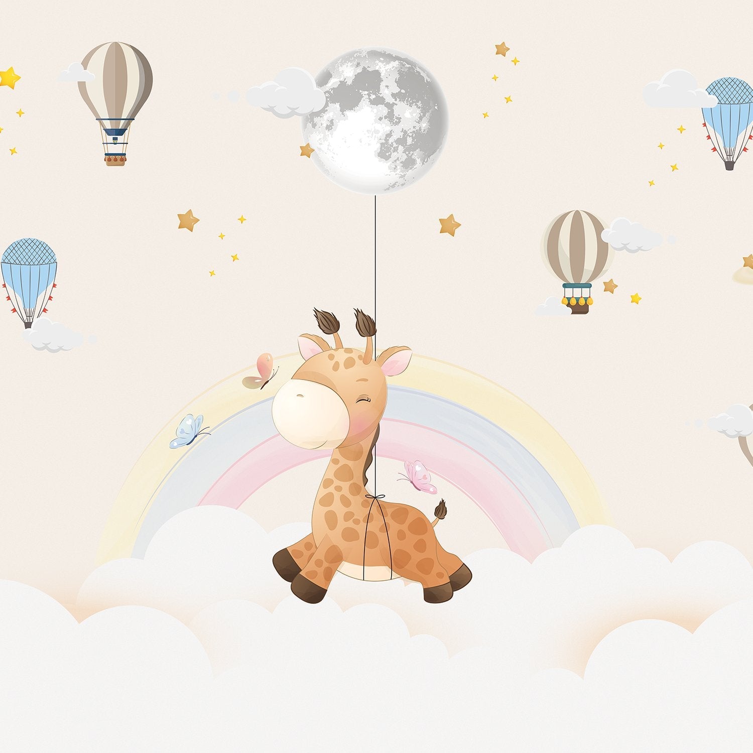 Whimsical giraffe swinging from moon with hot air balloons and pastel rainbow background - view 2 - final