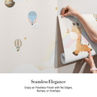 Whimsical giraffe swinging from moon with hot air balloons and pastel rainbow background - view 3 - final