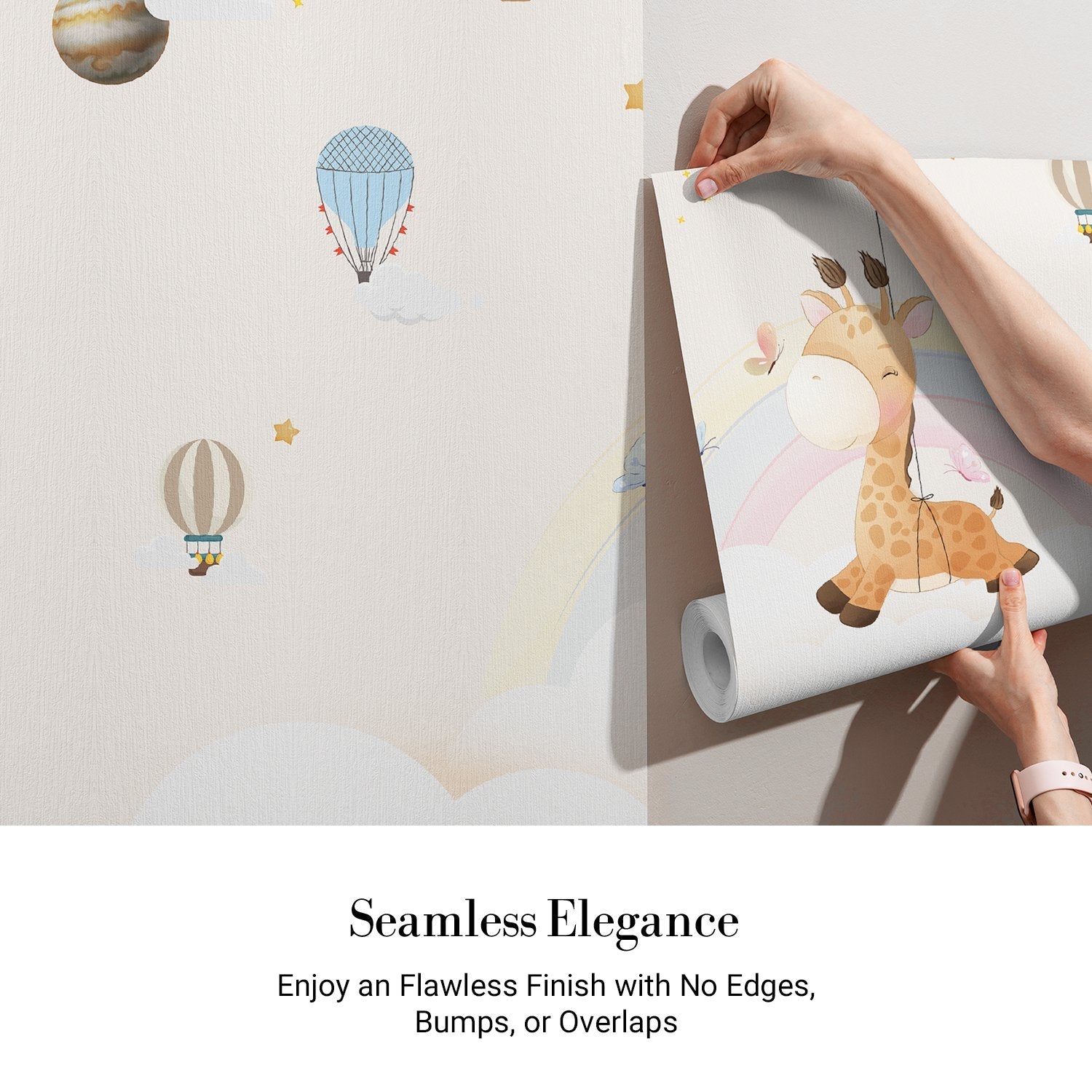 Whimsical giraffe swinging from moon with hot air balloons and pastel rainbow background - view 3 - final