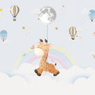 Whimsical giraffe swinging from moon with hot air balloons and pastel rainbow background - view 8 - final