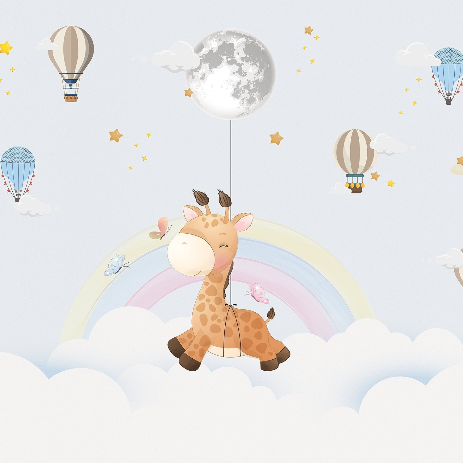 Whimsical giraffe swinging from moon with hot air balloons and pastel rainbow background - view 8 - final