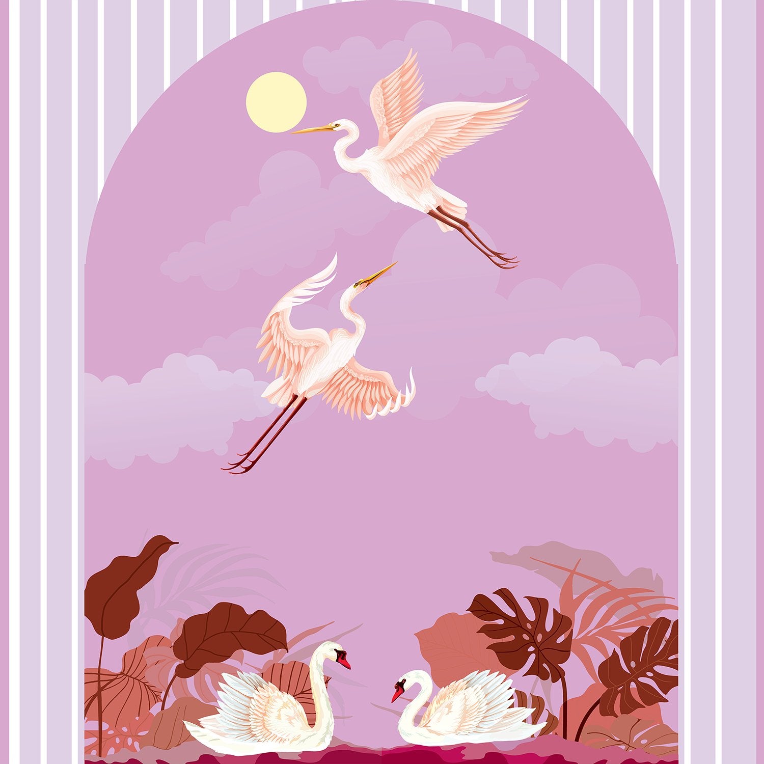 Graceful white swans and cranes against blue striped wall with tropical foliage accents - view 12 - final