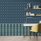 Vertical arrow motifs and stripes in deep green with modern floating shelves and furniture - view 13 - final