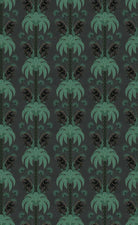 Dark emerald palm fronds arranged in elegant damask style repeat on black background - view 32 - repeat-original - final
