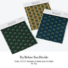 Dark emerald palm fronds arranged in elegant damask style repeat on black background - view 34 - final all-groups samples