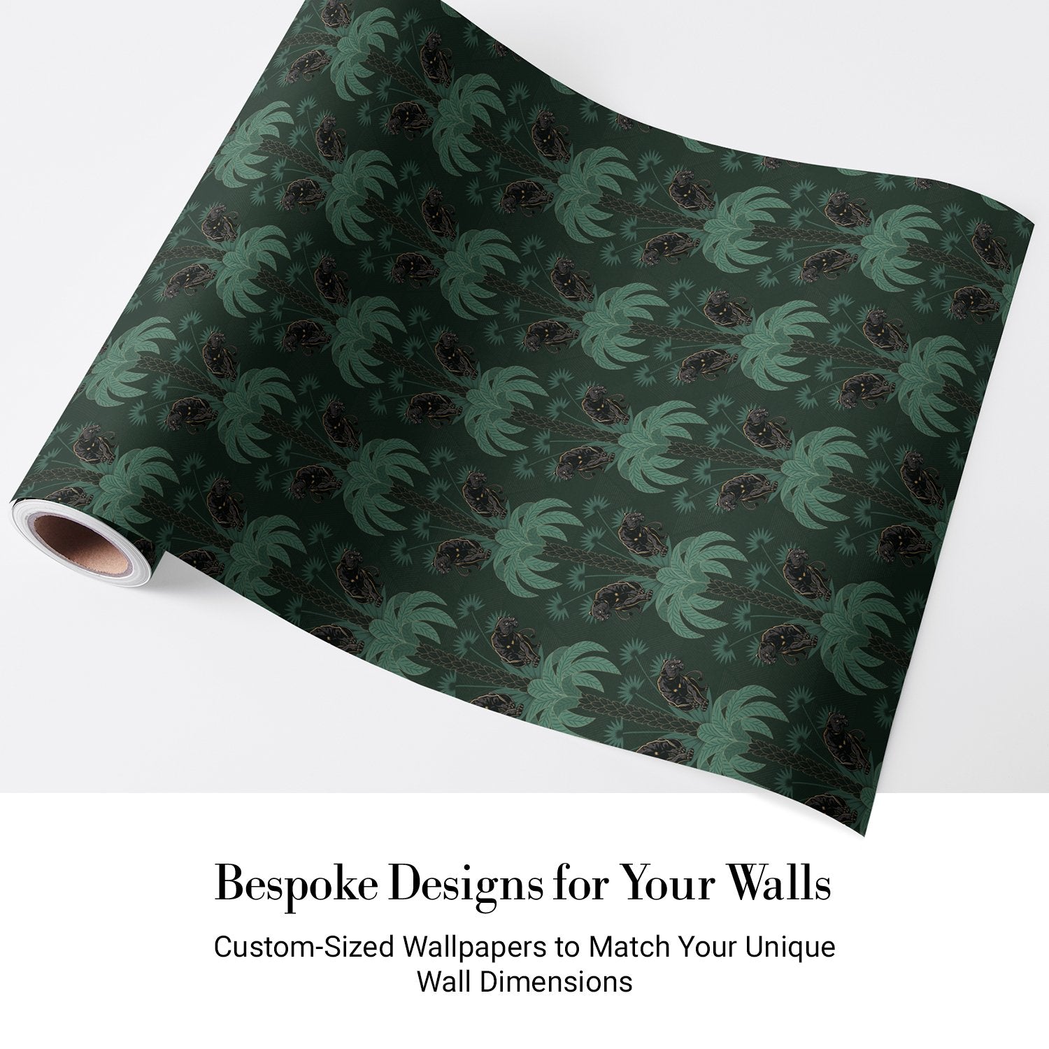 Dark emerald palm fronds arranged in elegant damask style repeat on black background - view 4 - final